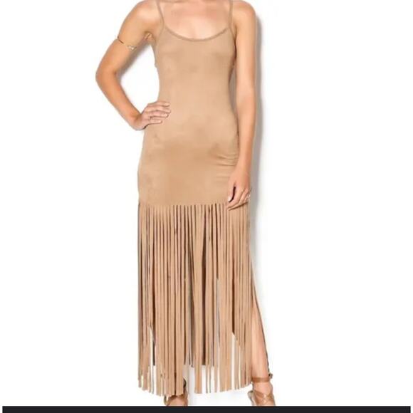VAKKO Women's boho Faux Suede Fringe Sheath tan Dress size small - Picture 9 of 9